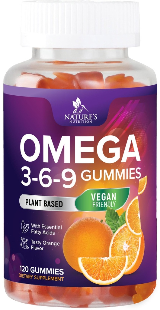 Omega 3 6 9 Gummies - Vegan Omega 3 Supplement Gummy - essentielle fedtsyrer Oil 369 Complex Heart Support & Brain Support for Women, Mænd & Graviditet, Fish Free Non- GMO, Orange Flavored - 120 Gummies