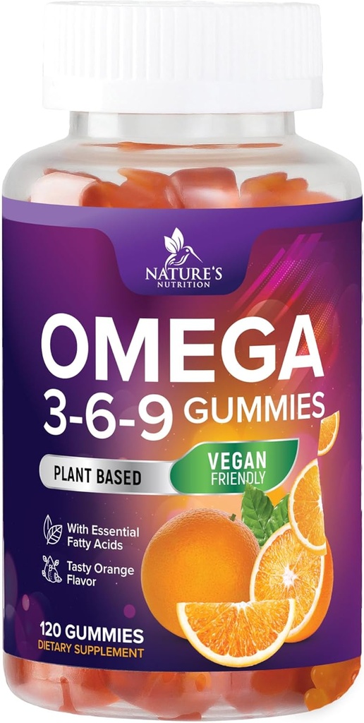 Omega 369 Gummier - Vegansk Triple Omega 3 Supplement Gummy - Essential Fedtsyrer Oil 3 6 9 Komplekse hjerte støtte og hjerne støtte til kvinder, mænd & graviditet, fisk gratis non-GMO, orange - 120 Gummies