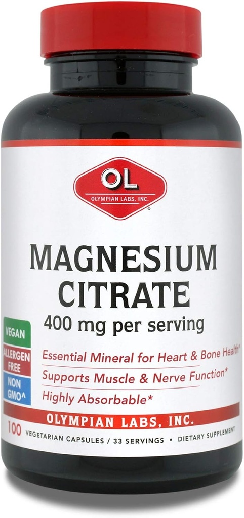 Olympian Labs Magnesium Citrate, 400mg 33 Servere, Support Sund Nervesystem, Muskel & Ben, 100 Kapsler