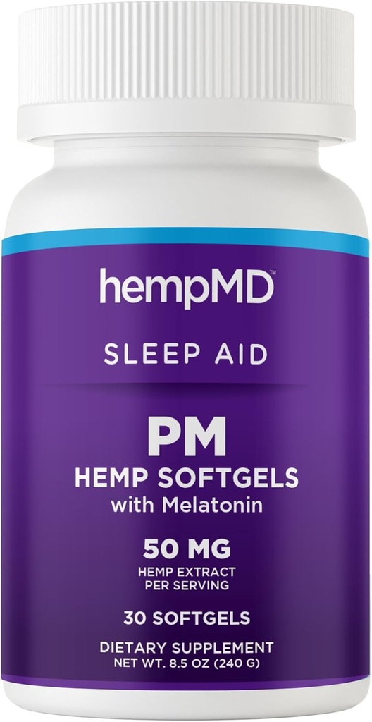 HempMD Hamp Melatonin Sleep Aid Softels - 100% Natural Fast Actioning Oil - Vegan Non GMO Gluten Free - Forbedret formel for dyb søvn med afslappende blend af naturlige urter