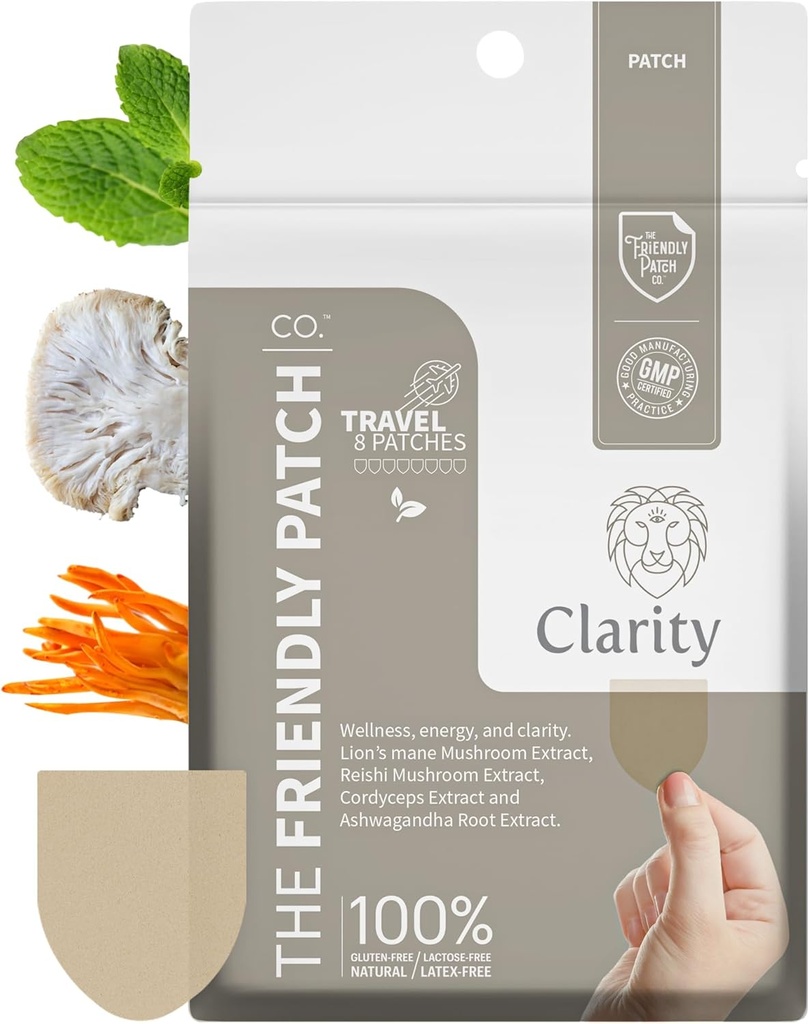 Den venlige Patch - Clarity Mushroom Patches med Lions Mane Mushroom, Reishi, Cordyceps & Ashwagandha - Nootrop Energy, Hukommelse, Fokus for kvinder og mænd 8 Pack