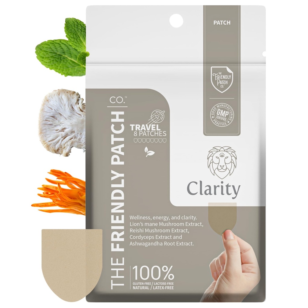 Den venlige Patch - Clarity Mushroom Patches med Lions Mane Mushroom, Reishi, Cordyceps & Ashwagandha - Nootrop Energy, Hukommelse, Fokus for kvinder og mænd 8 Pack