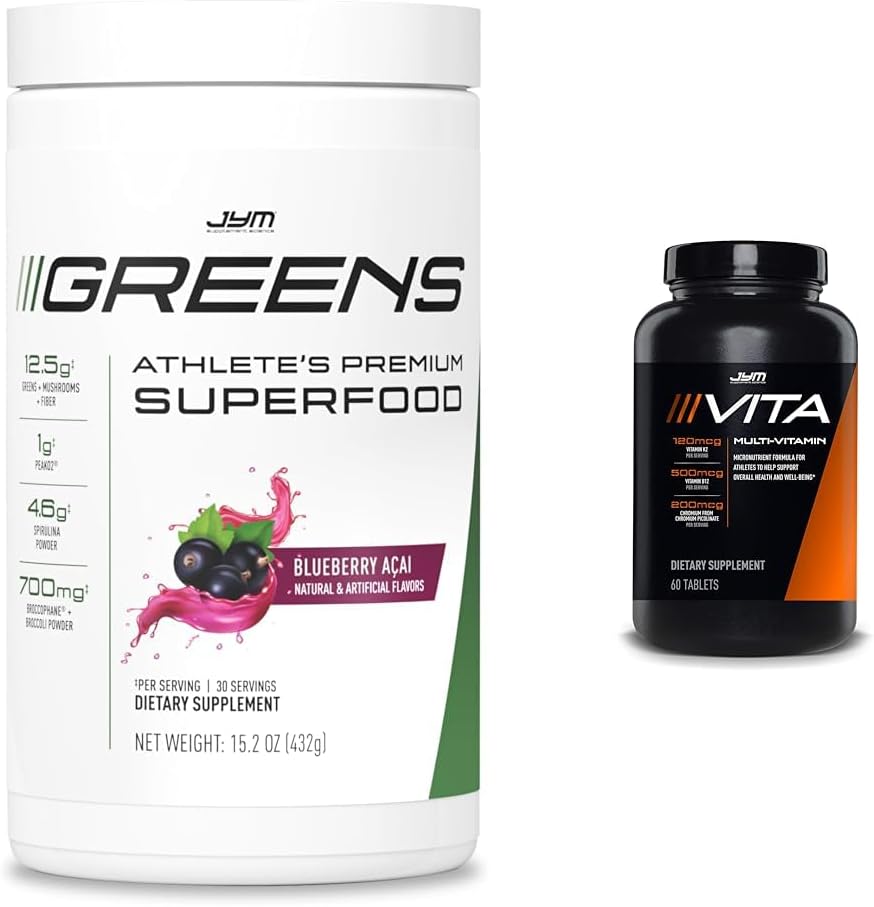 JYM Green Super Food Blåbær Acai Pulver med Spirulina & Vita JYM Multivitamin til atleter 60 tabletter
