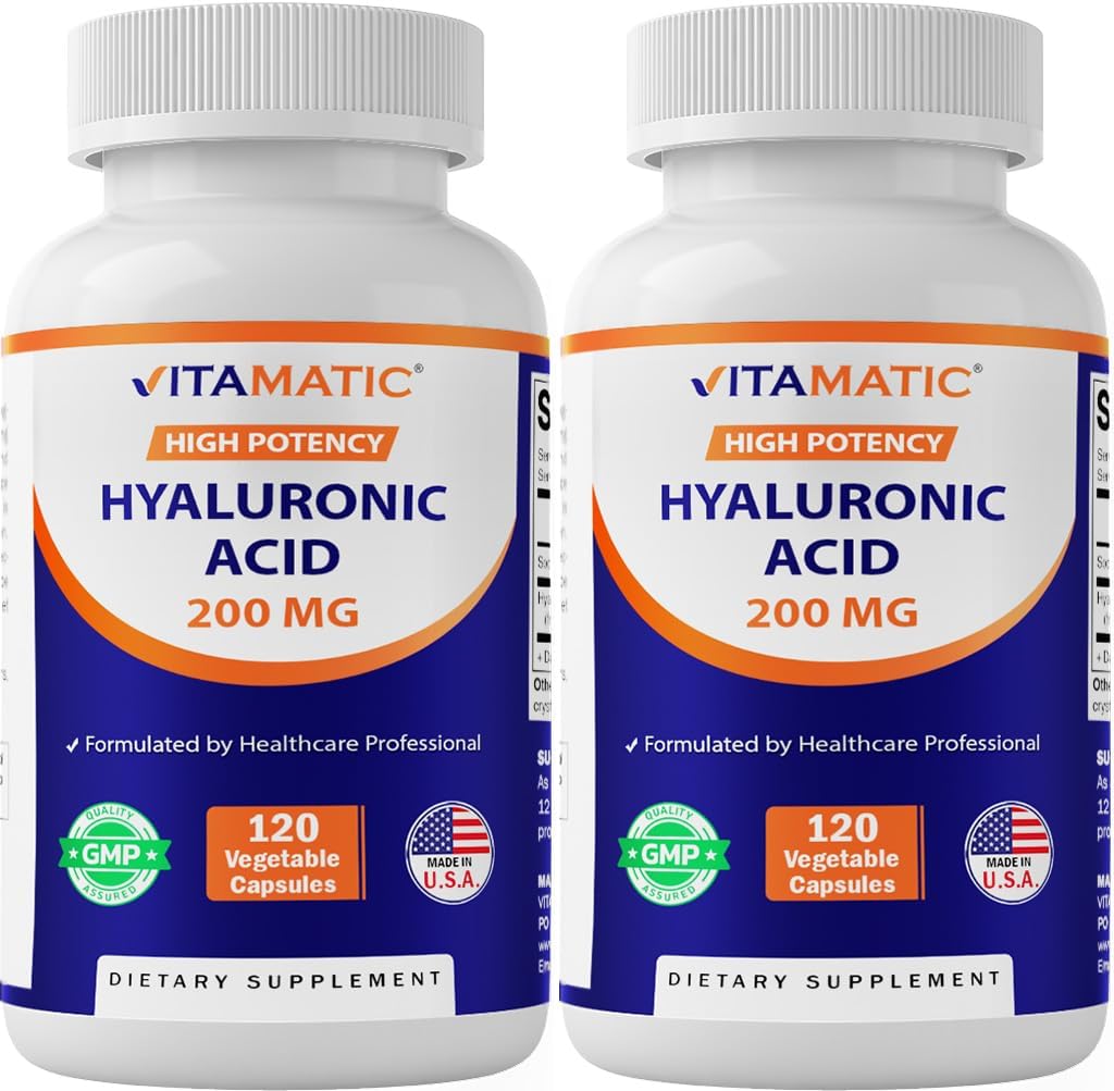 Vitamatic 2 Pack Hyaluronsyre Kosttilskud 200mg - Understøtter sund Connective Tissue og Joints - Fremme ungdommelig sund hud - Total 240 kapsler