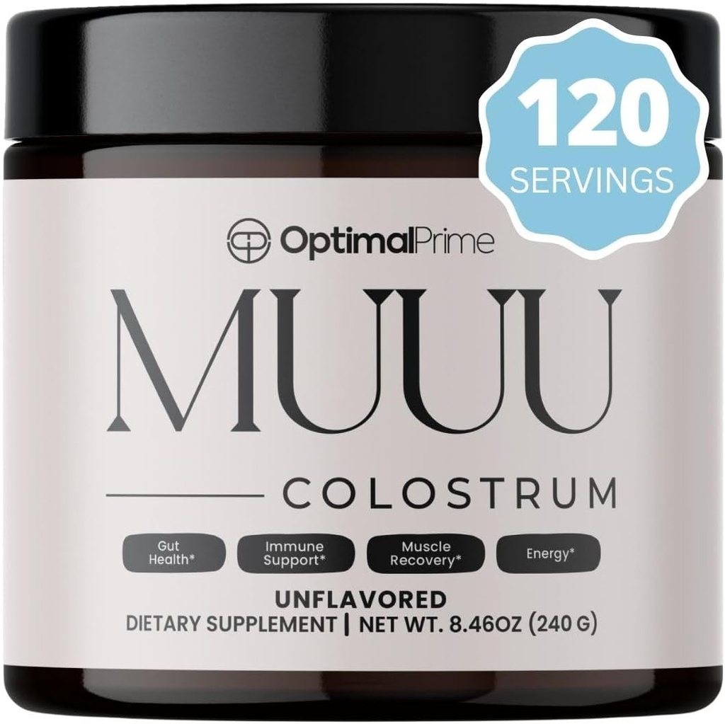 Optimal Prime - MUUU Bovine Colostrum supplement og superfood pulver til Gut sundhed, bloating, immunforsvar, hår, hud og negle Unflavored, 120 Serveringer