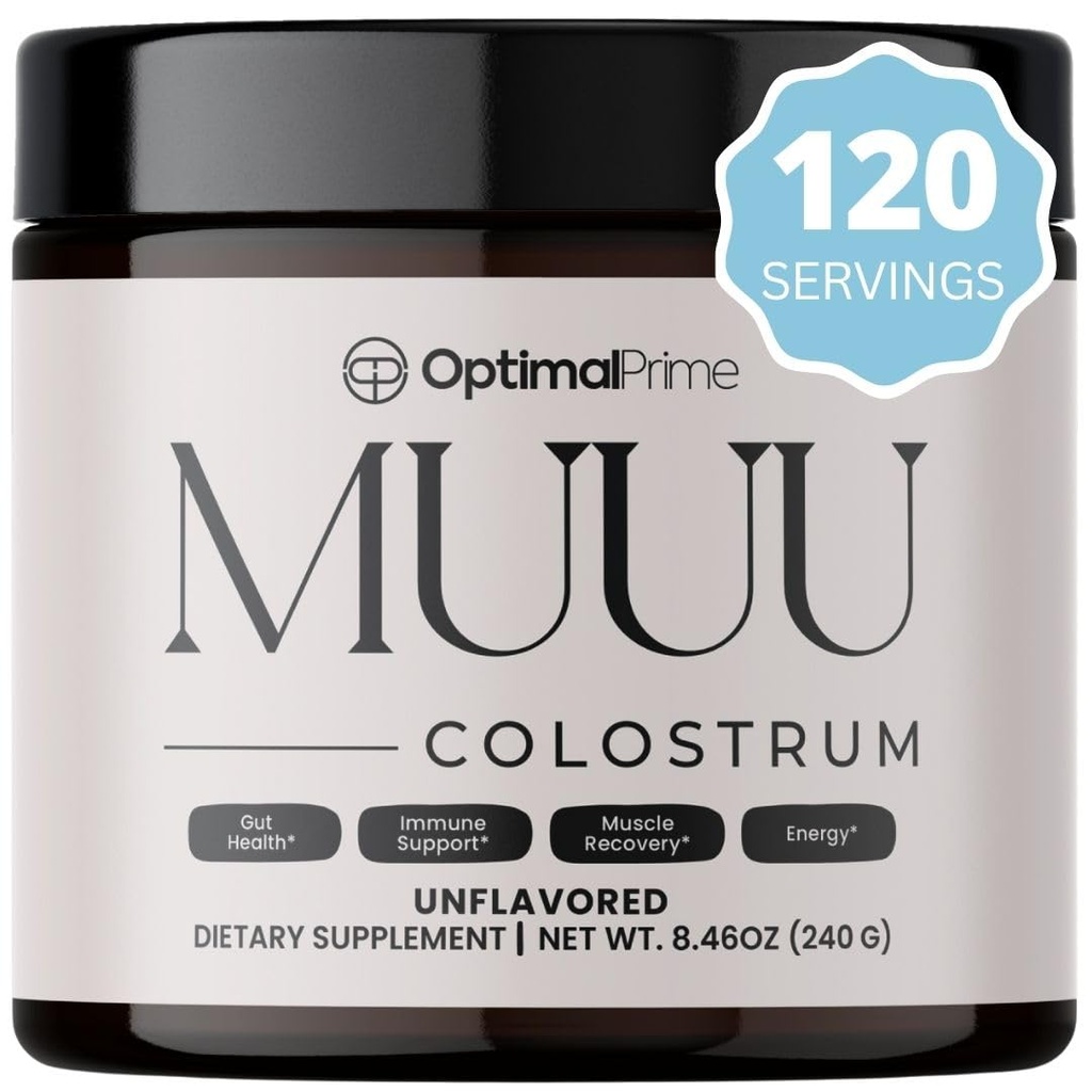 Optimal Prime - MUUU Bovine Colostrum supplement og superfood pulver til Gut sundhed, bloating, immunforsvar, hår, hud og negle Unflavored, 120 Serveringer