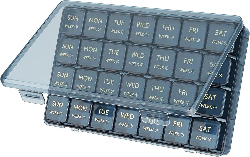 Lifewid Monthly Pill Organizer, 28 Day Pill Box, 4 Uger One Month Pill Cases, Store Compartments Medicine Organizer for Vitaminer, Fiskeolier, Kosttilskud, Blå