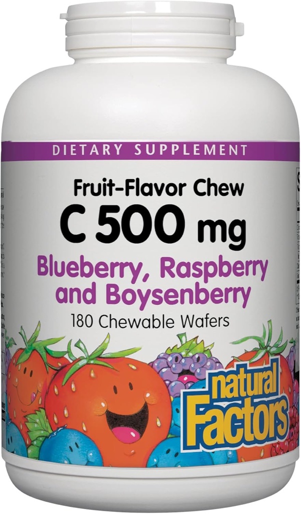 Naturlige faktorer, Kids Chewable C-vitamin 500 mg, understøtter immunforsvar, knogler, tænder og tandkød, blåbær, hindbær og boysenbær, 180 greve (pakke med 1)
