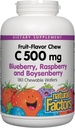 Naturlige faktorer, Kids Chewable C-vitamin 500 mg, understøtter immunforsvar, knogler, tænder og tandkød, blåbær, hindbær og boysenbær, 180 greve (pakke med 1)