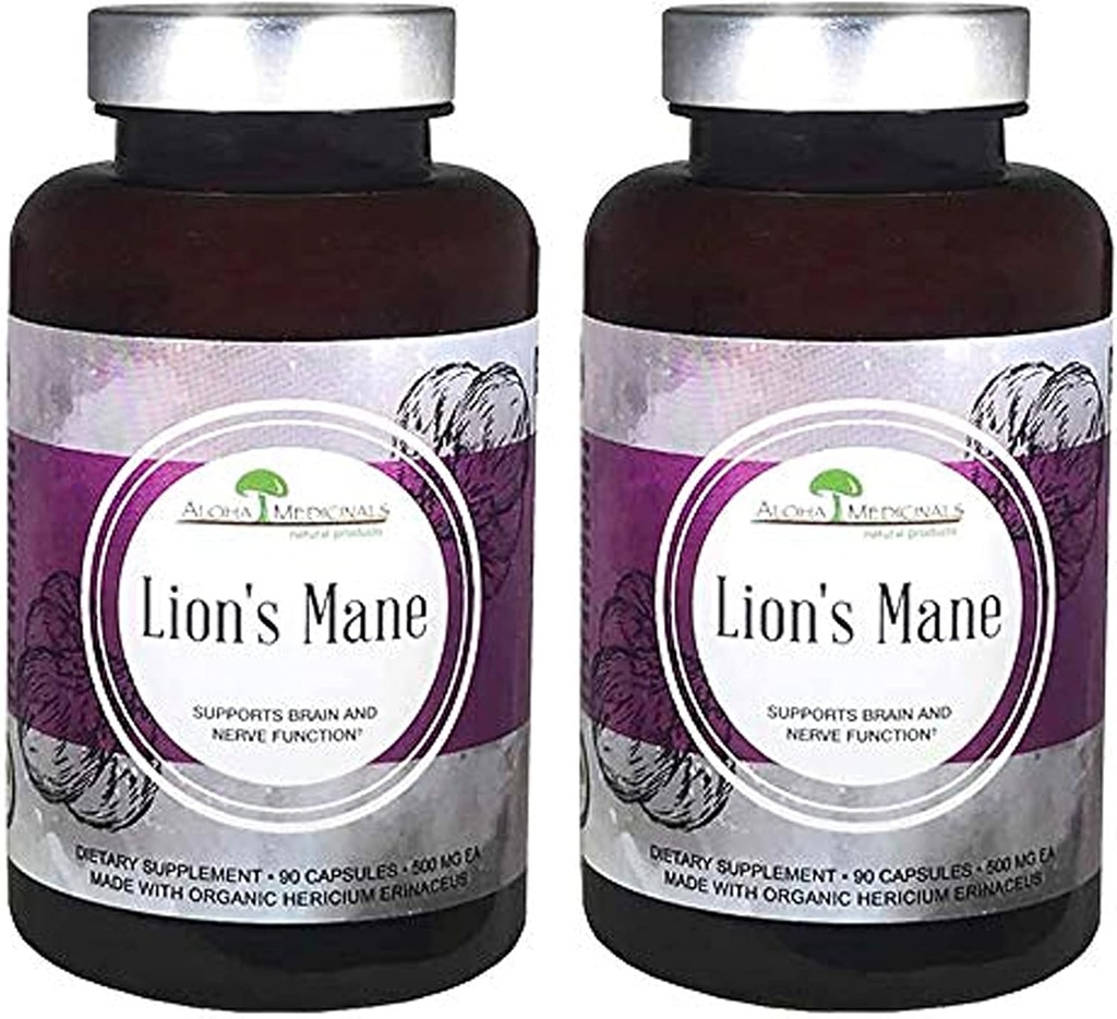 Aloha Medicinals Lion 's Mane, Certified Organic Mushroom Supplement, pakke med 2, 90 kapsler Hver