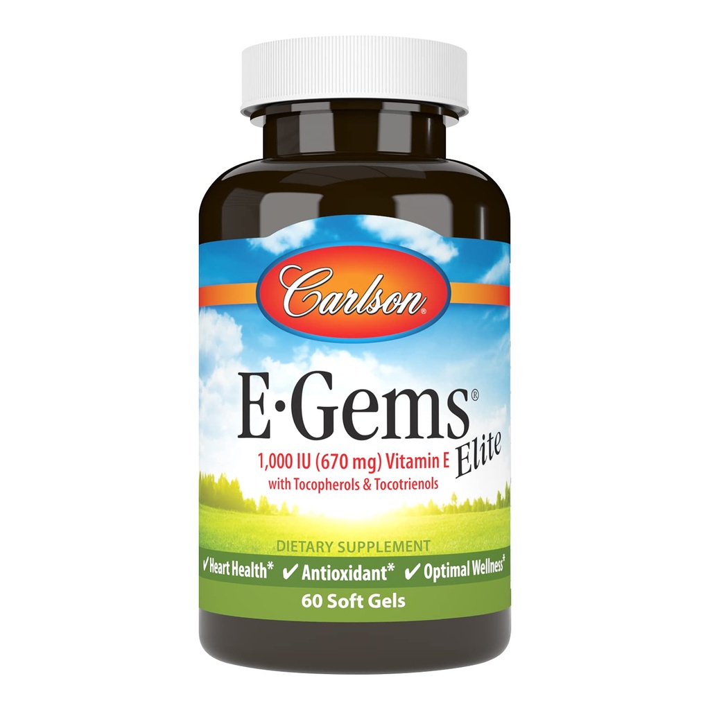 Carlson - E- Gems Elite, 1000 IE (670 mg) E-vitamin med tocopheroler og tocotrienoler, optimal wellness, 60 Softgel