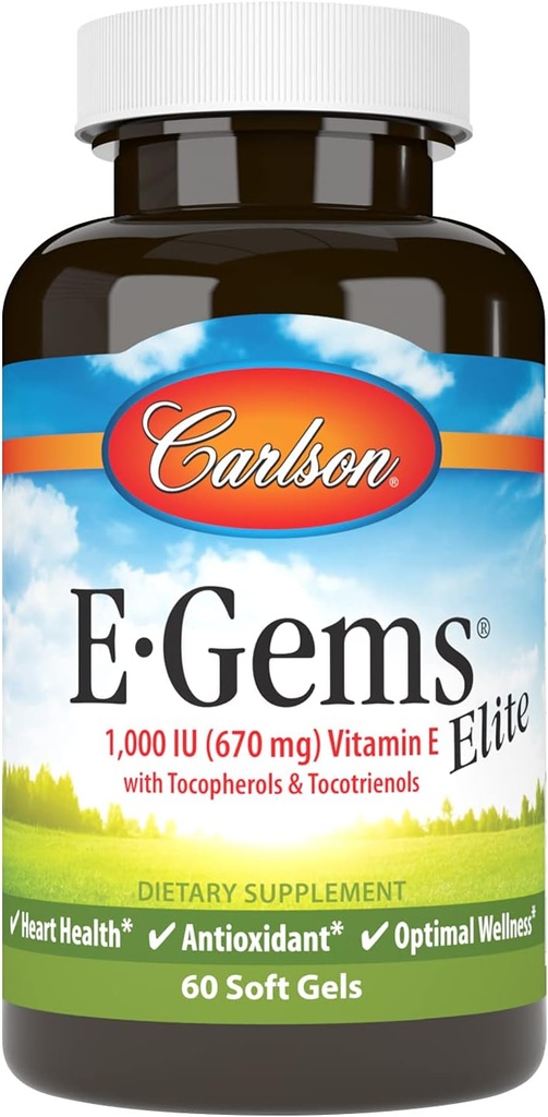Carlson - E- Gems Elite, 1000 IE (670 mg) E-vitamin med tocopheroler og tocotrienoler, optimal wellness, 60 Softgel