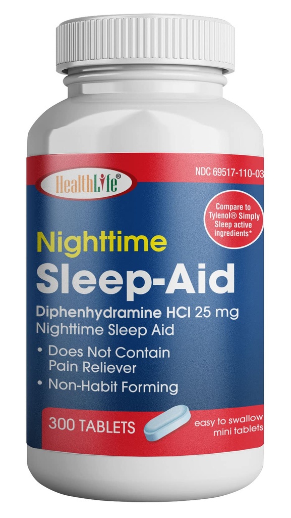SUNDHED LFE HealthLife ® Sleep Aid (Diphenhydramin HCl Caplets, 25 mg Blå) 300 Tæl