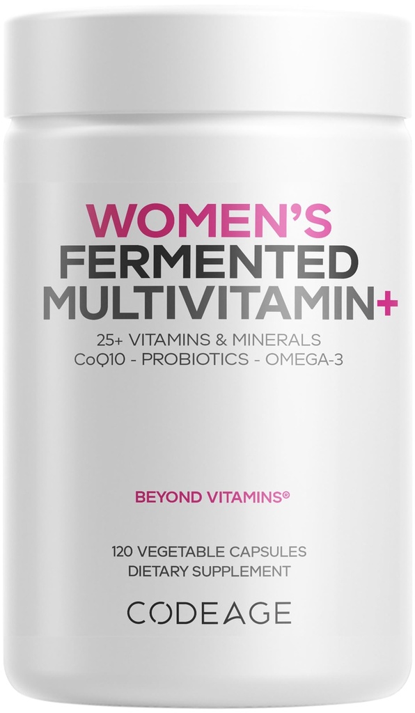 Kodeage kvinders daglige multivitamin, 25 + vitaminer og mineraler, gæret, økologiske hele fødevarer, Probiotika Supplement - vitamin A, B, C, D, E & K, Omega 3, Zink - Vegan - 120 Kapsler