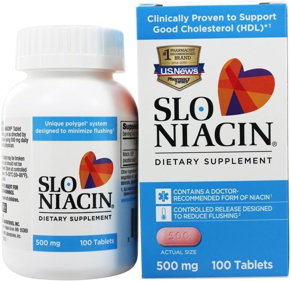 Slo- Niacin Vitamin B3 500 Mg - Slow Release Niacin for Heart Health, Energy Boost, Health Skin, Sund Blood Sugar Nivels - 100 kapsler