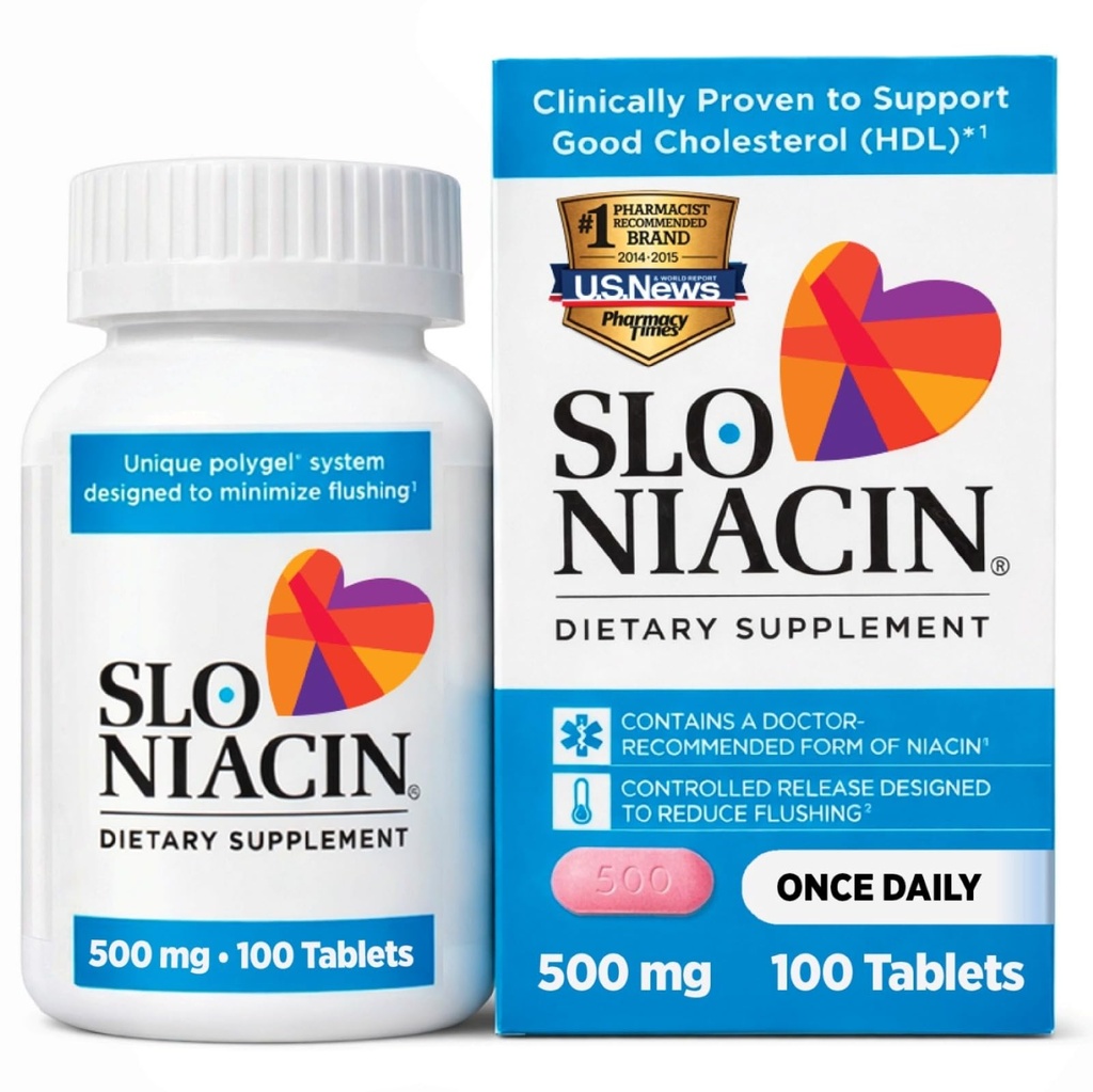 Slo- Niacin Vitamin B3 500 Mg - Slow Release Niacin for Heart Health, Energy Boost, Health Skin, Sund Blood Sugar Nivels - 100 kapsler
