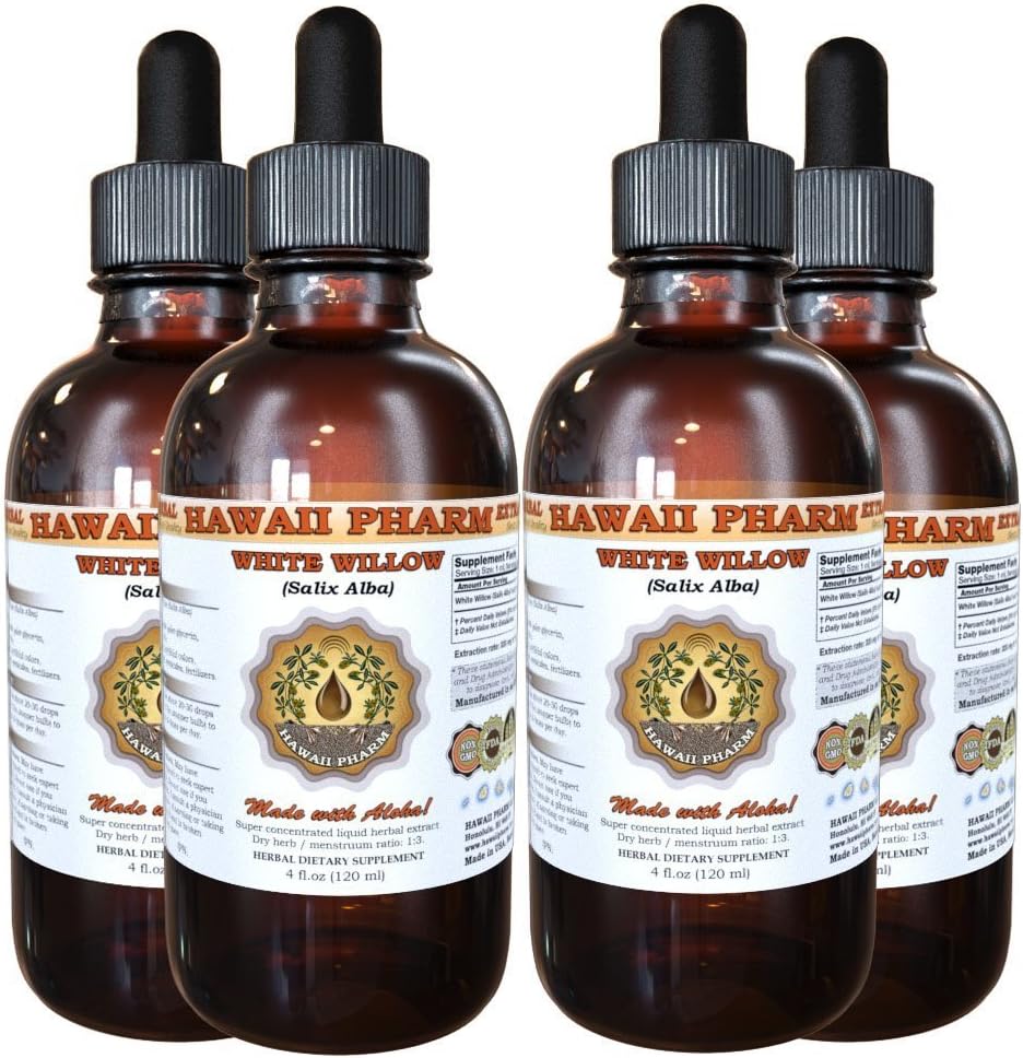 White Willow Liquid Extract, Organic White Willow (Salix Alba) Tørret Bark Tinktur, Urte Supplement, Hawaii Pharm, Lavet i USA, 4x4 fl.oz