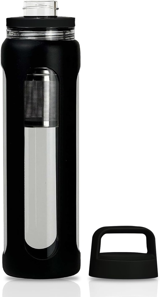 20oz Glas Vandflaske med Silicone Ærme, 600ml Krus med 2 Tier Lid (Bred mund og lille mund lige drikke) med Tea Leak Flaske - Gym Yoga Udendørs Aktiviteter (Sort)