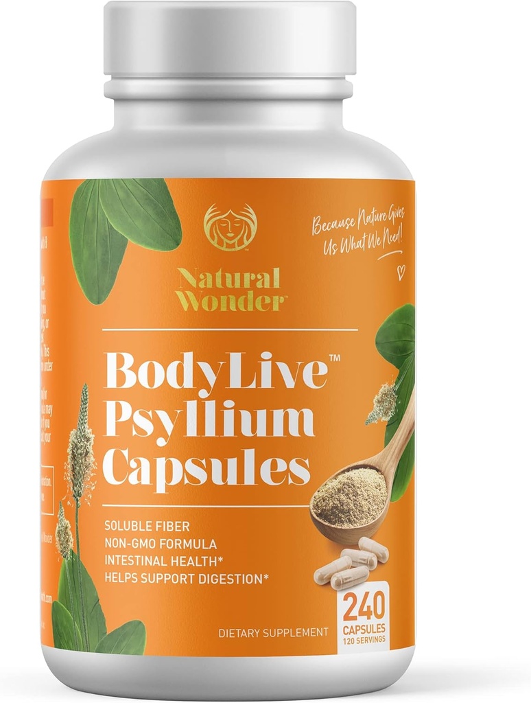 BodyLive Psyllium Husk Fiber Capsule Non- GMO 725mg, 240 Kapsler (1450mg / servering, 120 Servering) Supplement til kolon renlighed, regelmæssighed, sund fordøjelse, Prebiotic, Laxative, Heart Health