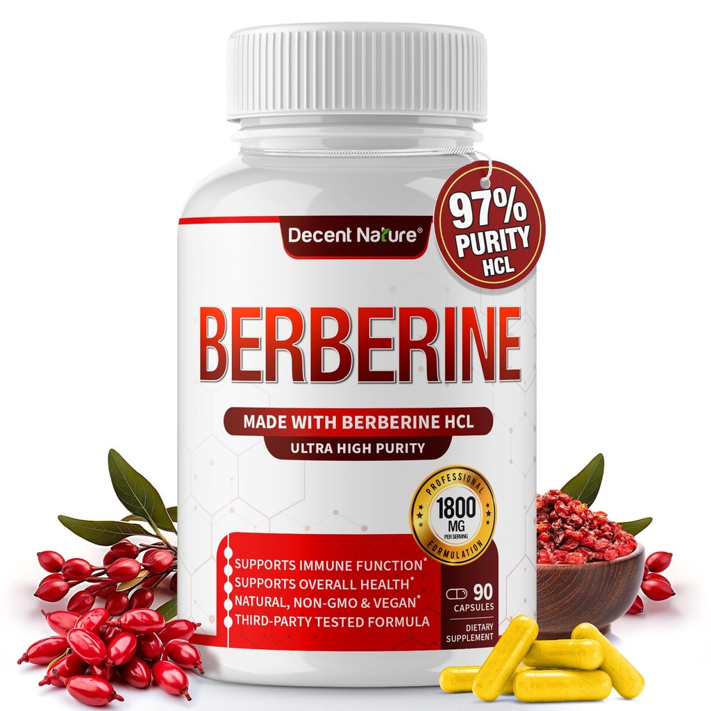 Berberine Supplement 1800 mg - Premium Berberine HCl 97% høj renhed, understøtter immunsystem, høj potens hydrochlorid & ekstrakt, aktiverer AMPK & GLP-1, non-GMO Vegan, for Mænd kvinde 90 kapsler