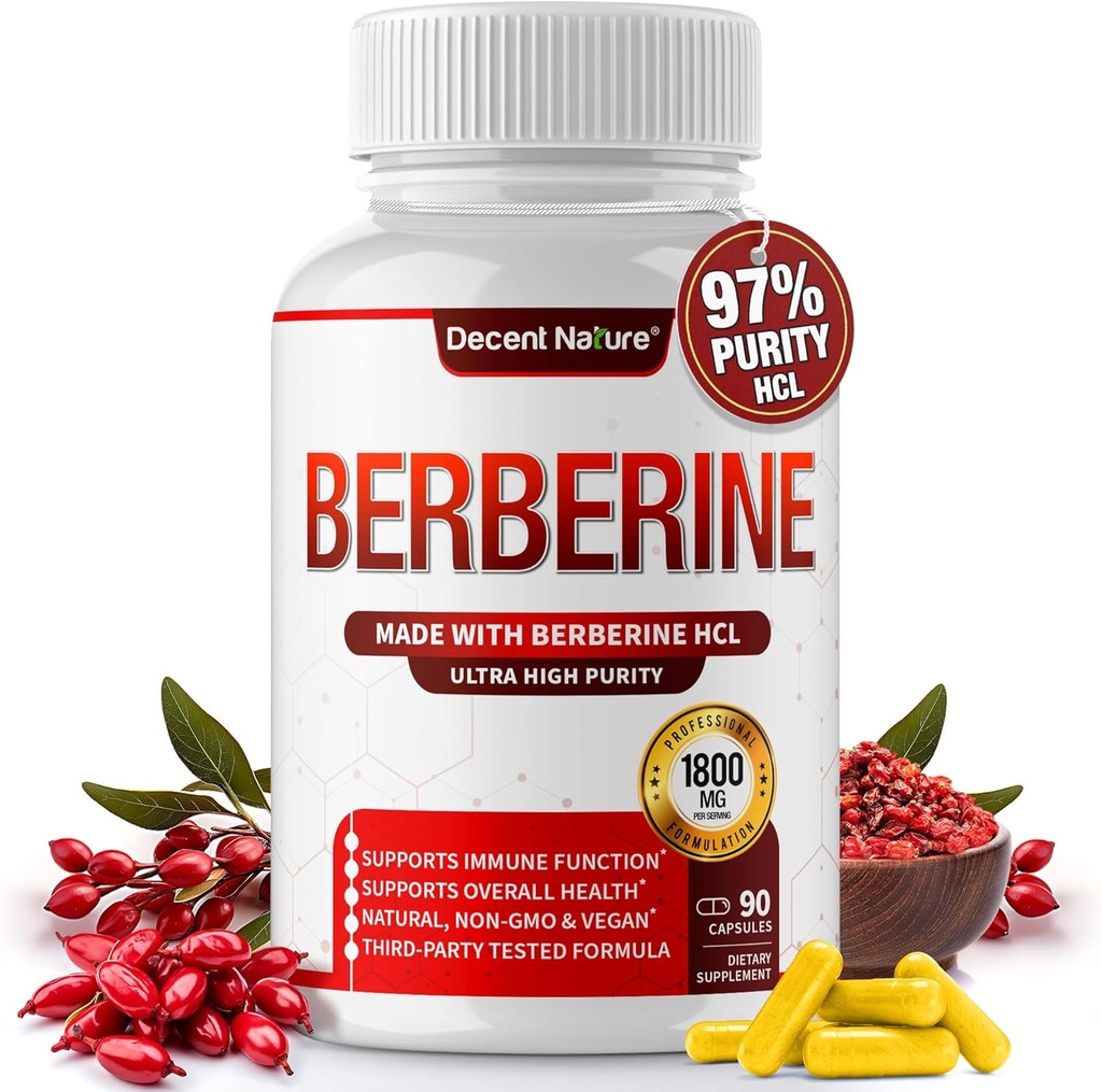 Berberine Supplement 1800 mg - Premium Berberine HCl 97% høj renhed, understøtter immunsystem, høj potens hydrochlorid & ekstrakt, aktiverer AMPK & GLP-1, non-GMO Vegan, for Mænd kvinde 90 kapsler