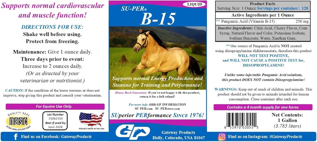 SU- PER B- 15 Vitamin supplement til heste - Equine Vitamin B- 15 Væske til Performance Support - Understøtter Normal Kardiovaskulær Immun & Muskelfunktion - 1 Gallon, 4 Måned Supply (120 dage)