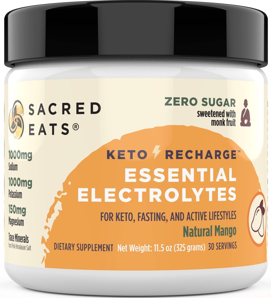 Keto Electrolyte Powder & Hydration Supplement Note 124; 1000mg Kalium & Natrium, 150mg Magnesium Note 124; Ingen sukker & Stevia, sødet med munk frugt Kun 124; Natural Mango (30 Servere)