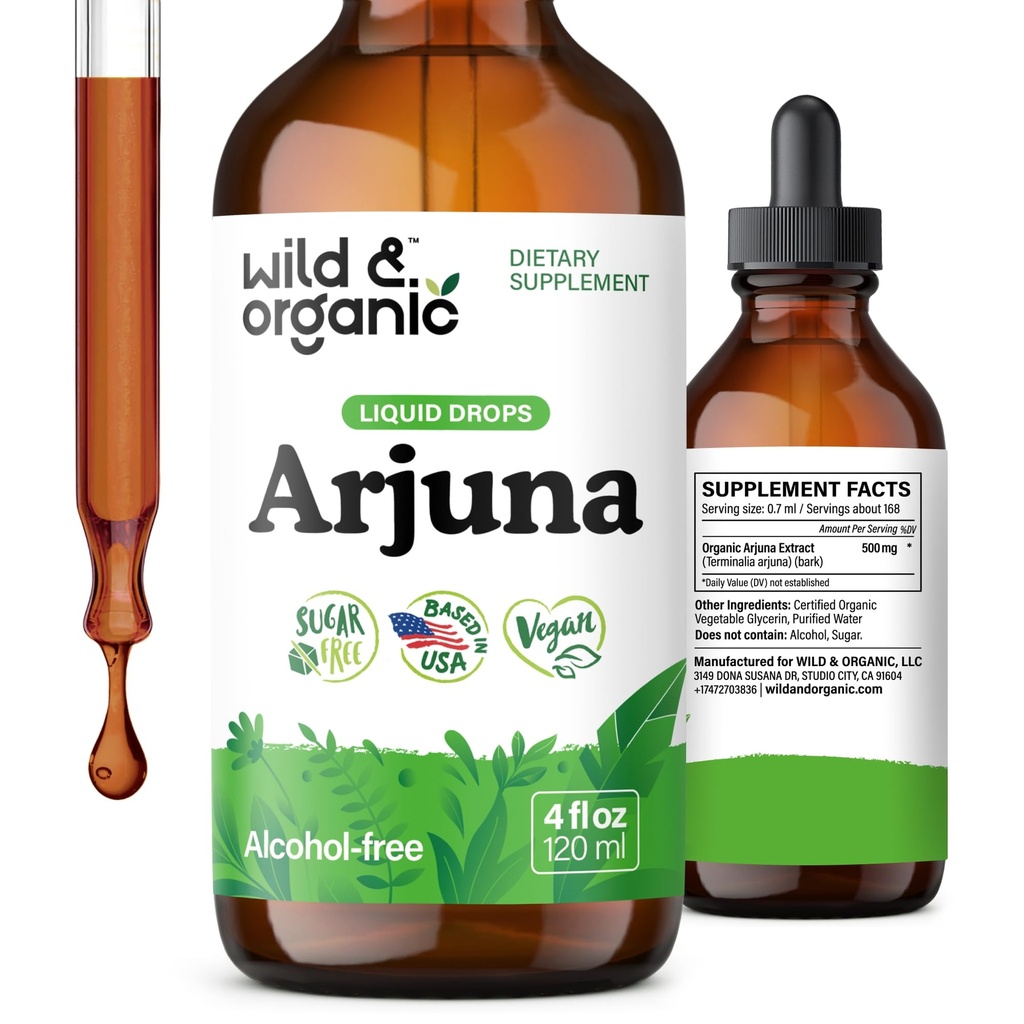 Wild & Organic Arjuna Bark Tinktur - Samlet velvære supplement - Alkohol- Free Liquid Drops - Terminalia Arjuna Bark Extract - Ingen sukker & tilsætningsstoffer, Non- GMO - 4 fl oz