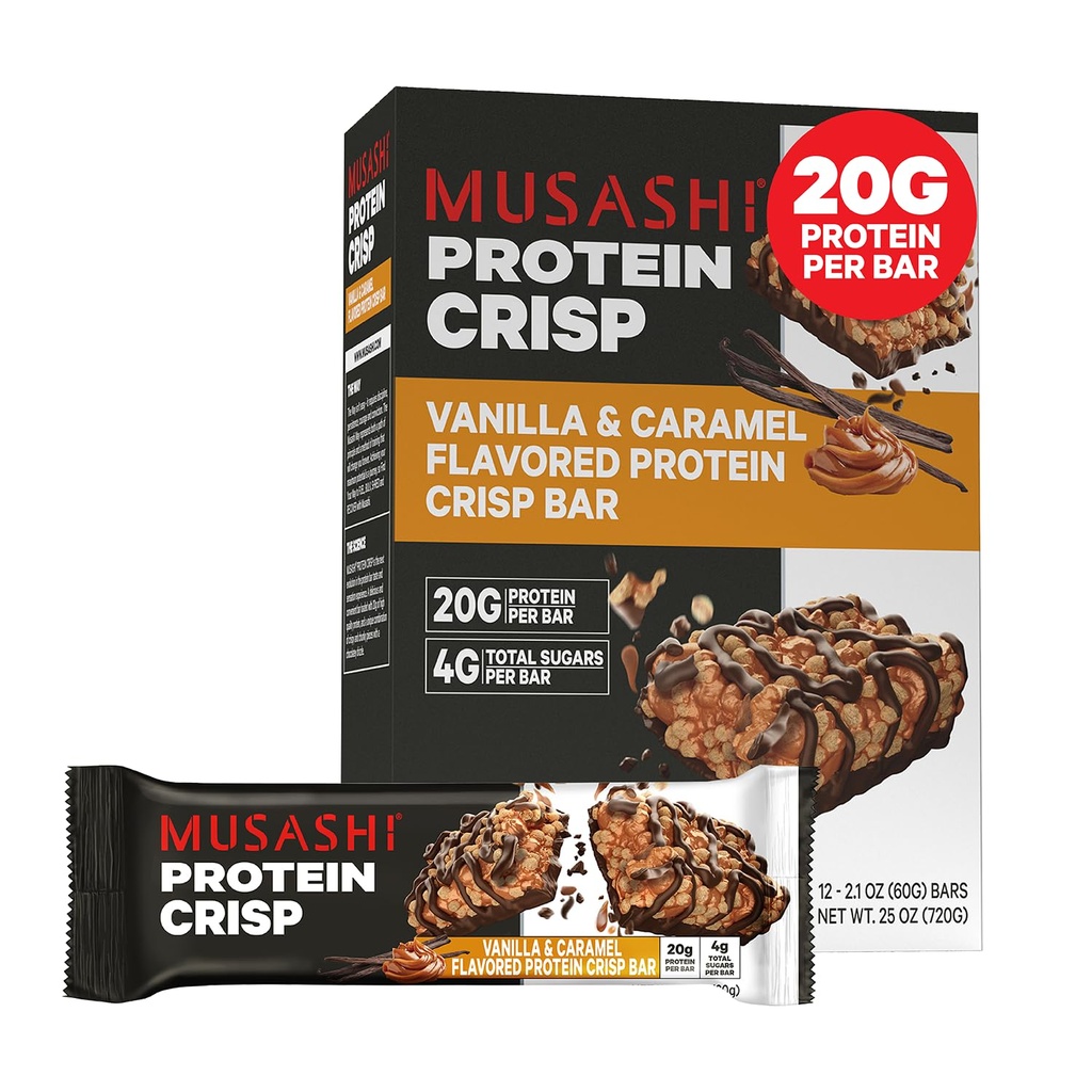 MUSASHI Protein Crisp Bar, 20g Protein, 4g Total Sugars, Vanilla & Caramel, Post Workout og Snack On The Go, 12 pakke med 2.1oz (60g) Barer