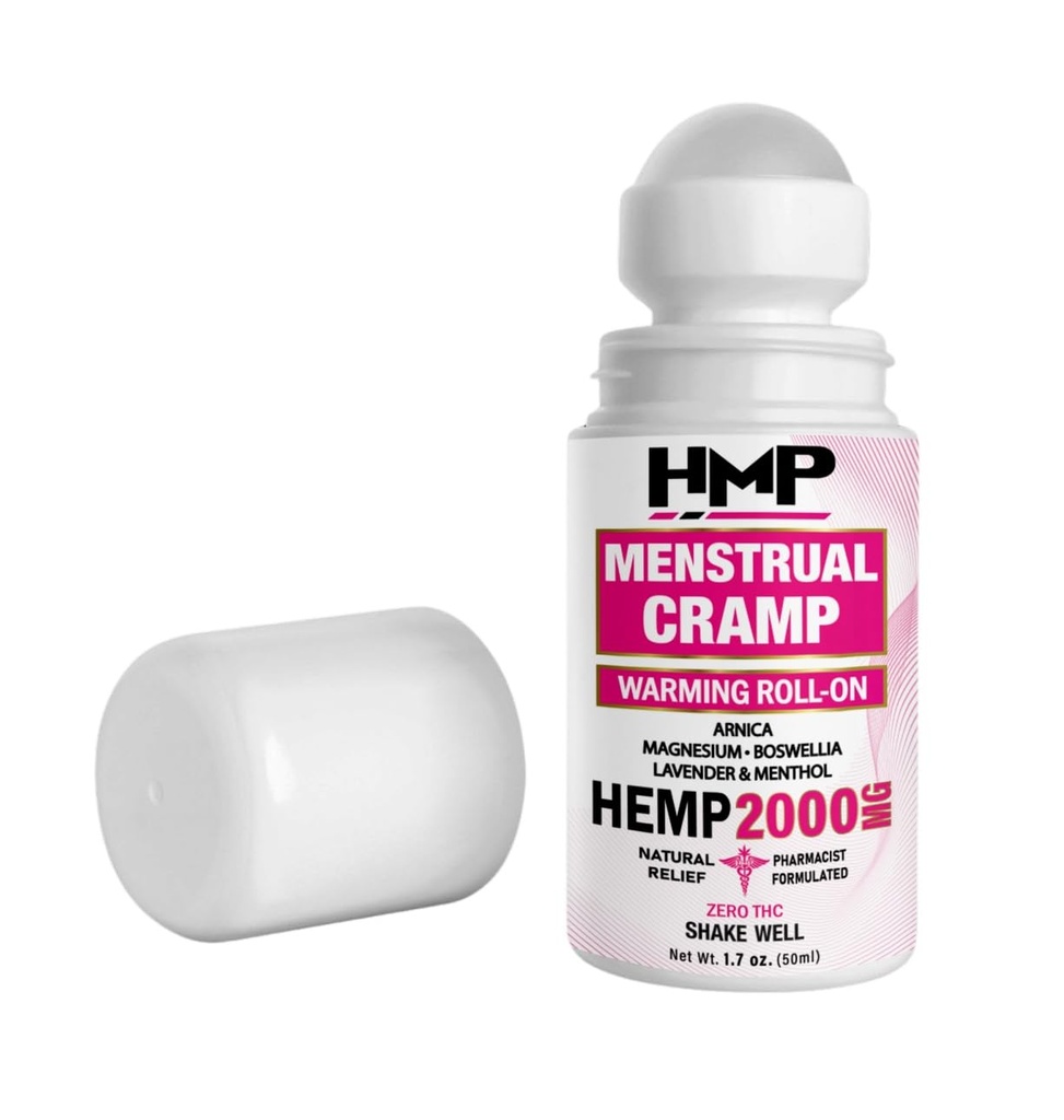 Menstruel Cramp Hamp Varm ROLL- ON 2000MG w Arnica & Menthol Made in USA Natural Formel 1.7oz