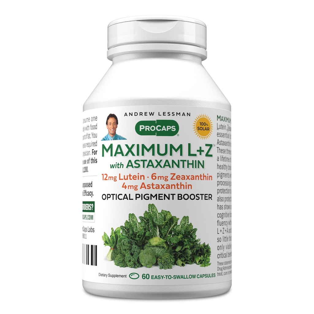 ANDREW LSSMAN Maksimum L + Z med Astaxanthin 60 Softgels - 12 mg Lutein, 6 mg Zeaxanthin, 4 mg Astaxanthin. Nøglenæringsstoffer til støtte øje og hjerne sundhed, og fremme sund vision.
