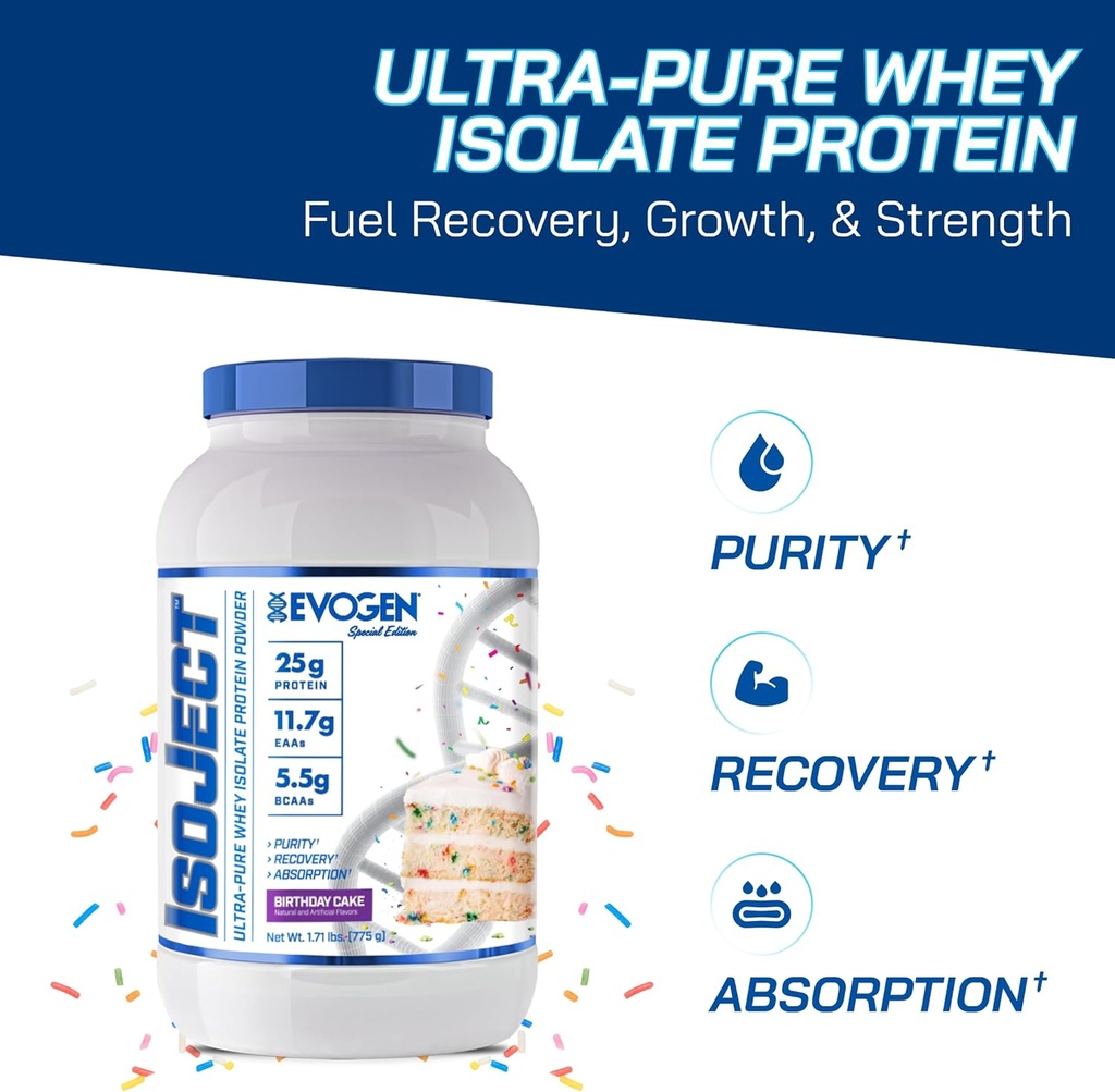 Evogen Isoject - Whey Protein Isolate Medic124; Ultra- Pure Whey Protein Powder med Identitor Enzymes, BCAA, og EAAs Medical 124; Forbedret Absorption & Recovery Medical 124; Fødselsdag Cake Medical 124; 25 Servering