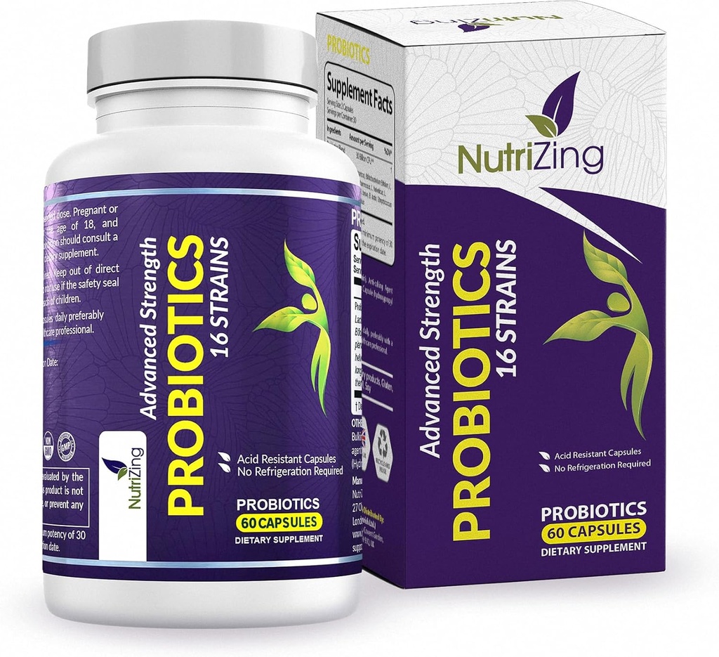 NutriZing Vegansk Probiotika til fordøjelsessygdomme - 30 Millioner CFU & 16 stammer - Bifidobacterium & Lactobacillus Probiotika til mænd og kvinder - Forsinket frigivelse Probiotisk Gut sundhed supplement