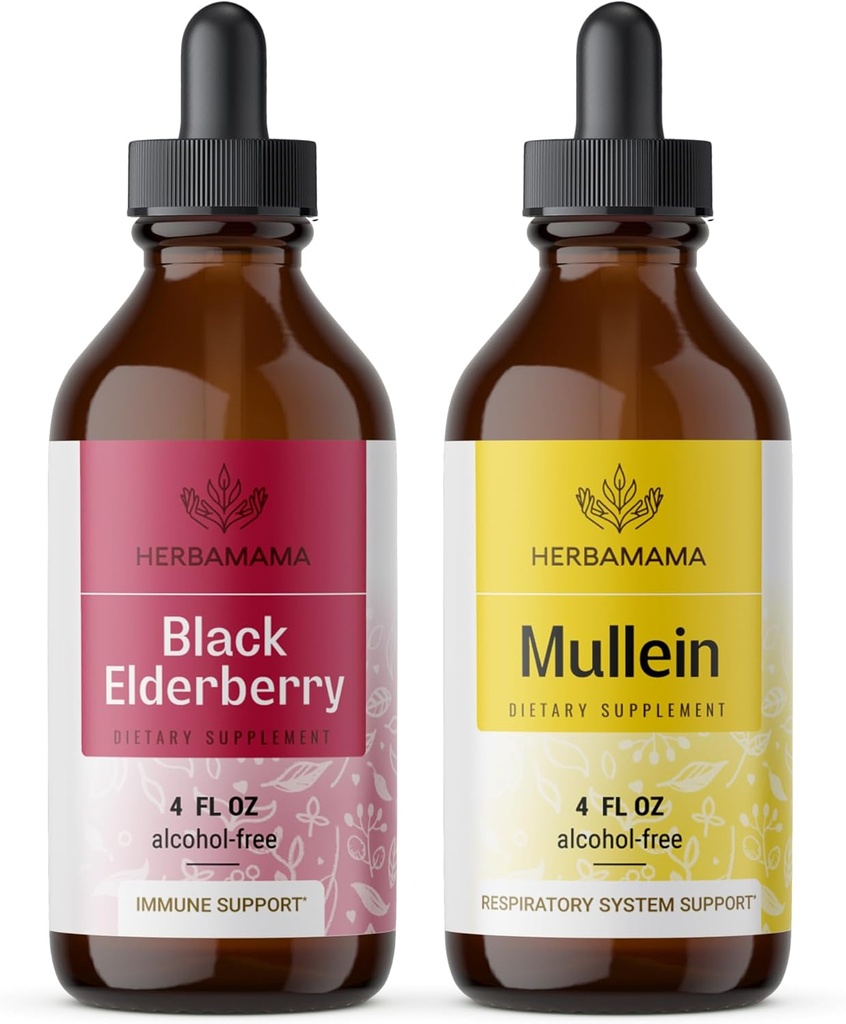 HERBAMAMA Herbal Liquid Drops Kit - Bundle of Black Elderberry Extract og Mullein Leaf Tincture 4 fl oz - Vegan, Non- GMO, Sugar & Alcohol- Free - 2 Pack