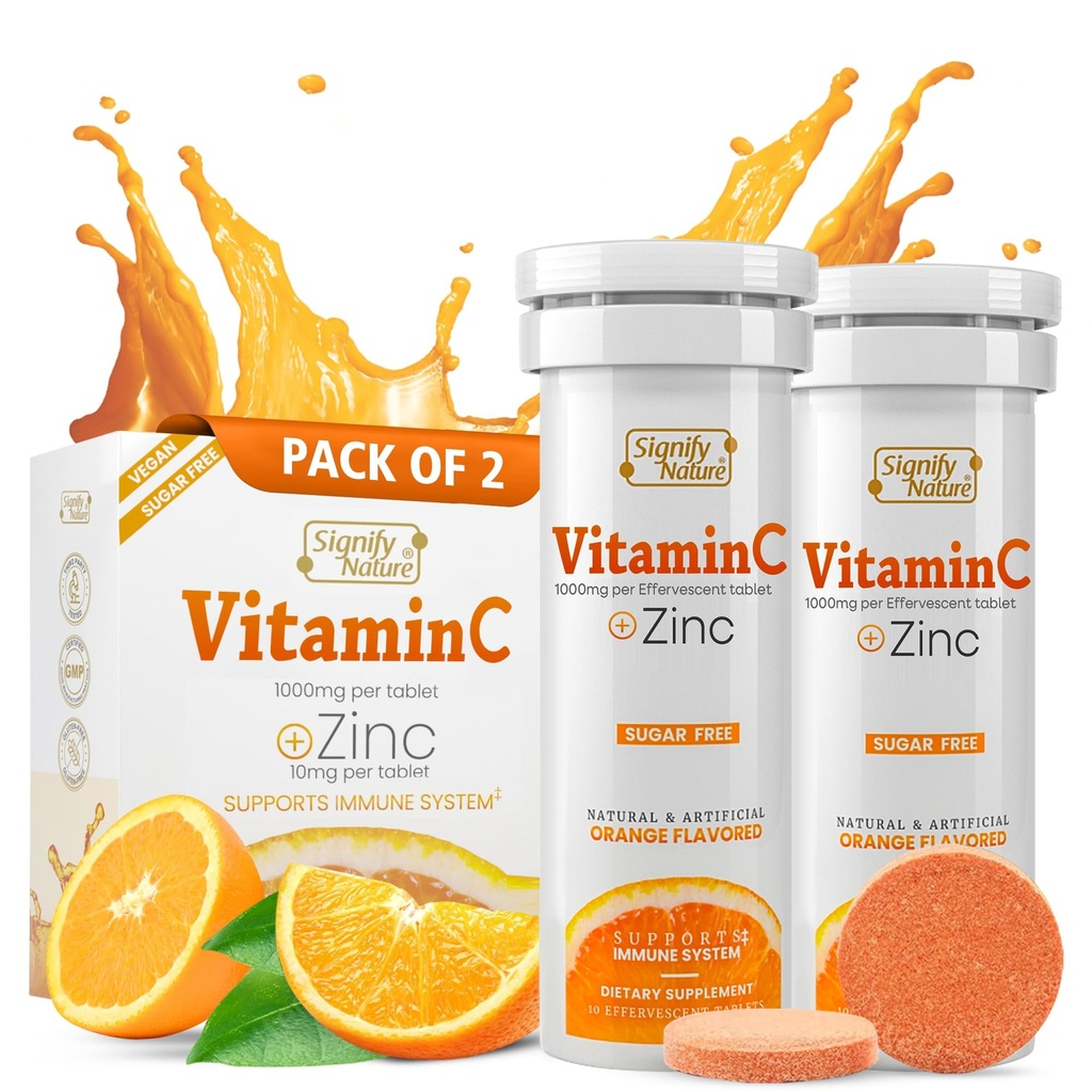 SIGNIFY NATUR C 1000mg Effervescent tabletter - Potent immunsupport VIT C med zink supplement - sukkerfri & Vegan Formelle 124; Opløselige C-tabletter - vand Opløselig Fizzy Elixir - 20CT