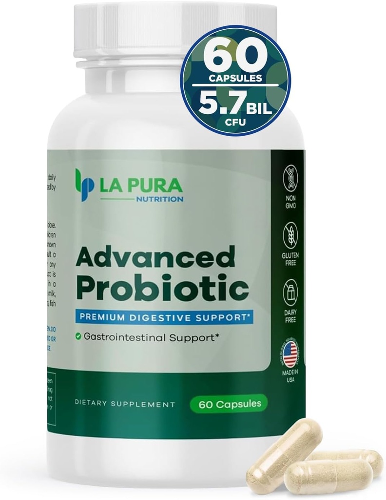 LaPura Advanced Probiotic - Premium fordøjelsesstøtte til Gut & immunforsvar, 60 kapsler - 5.75 Millioner CFU Probiotika herunder DE111 stamme (Bacillus subtilis) - Non- GMO, Gluten- fri, Lavet i USA