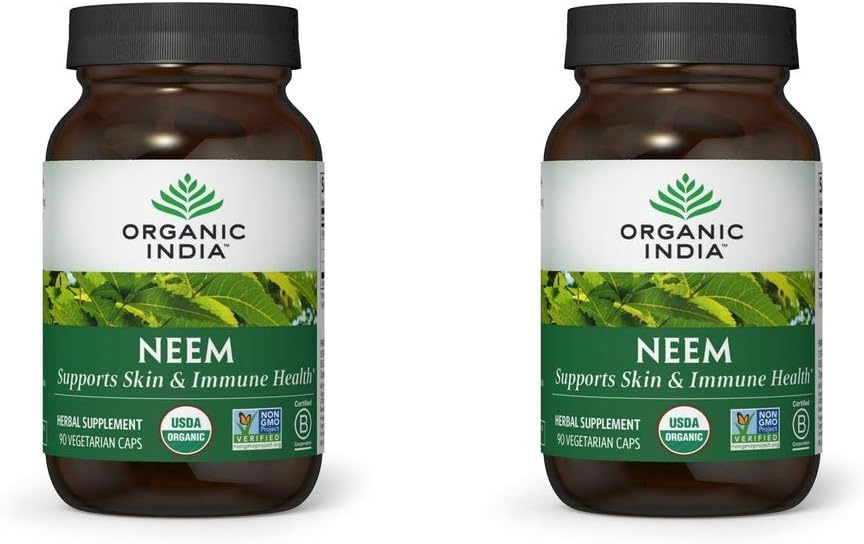 ORGANISK INDIA Neem Leaf kapsler, Urtetilskud - understøtter hud, immunforsvar, & leversundhed, Detox, Vegan, Gluten- Free, USDA Certified Organic - 90 Kapsler (2 - Pack)