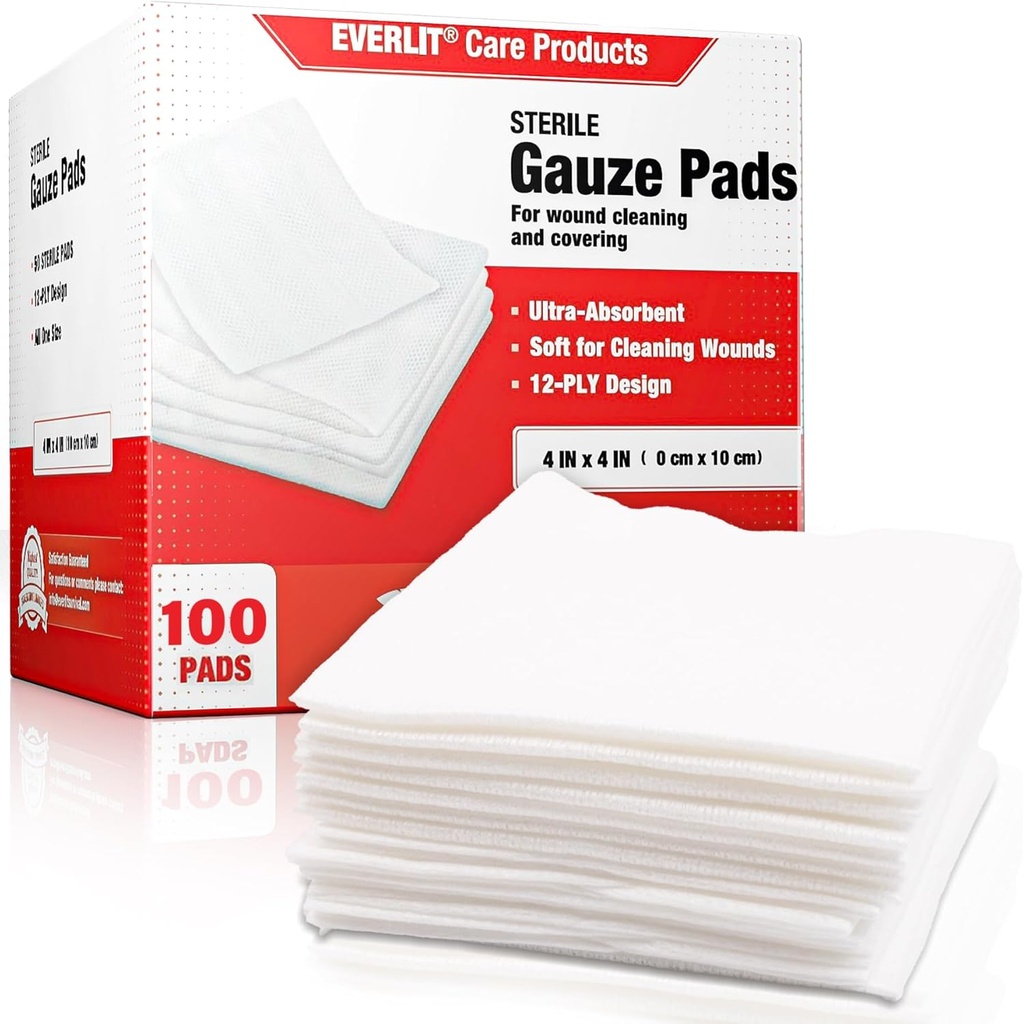 EVERLIT [Extra- Thick] 4 "x4" Sterile Gauze Pad 12-Ply, 100 Pack, Individuel indpakket, Ultra Absorbent Large Non- Woven Medical Gauze Sponges for Skøge Care Home Førstehjælp Kit