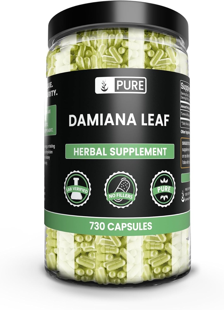 PURE ORIGINATIONELLE INGREDIENSER Damiana Bladkapsler, Ingen Magnesium eller Rice Fillers, Altid Pure, Lab Verified (730 Kapsler)