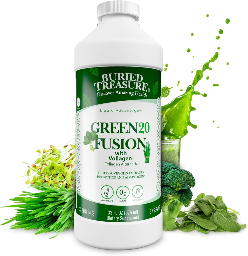 Begravet skat Green20 Fusion - Superfood Blend med Vollagen til hud, hår, og fælles støtte, Plant- baseret, Vegan, Non- GMO Gluten- fri, Dairy- fri, Soy- fri, 32oz Væske