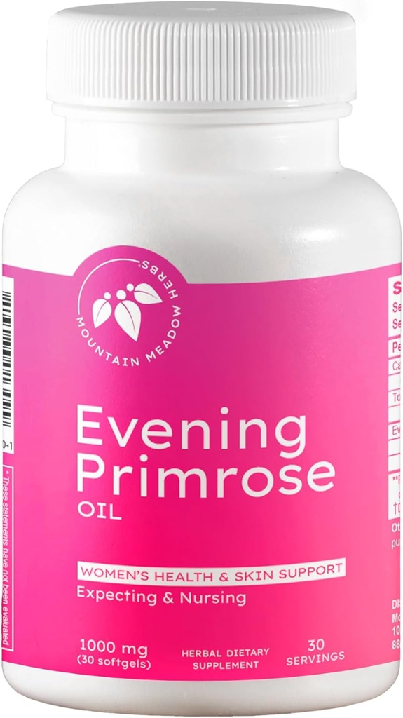 Mountain Meadow Herbs Evening Primrose Oil 1.000mg - Omega- 6 Fedtsyrer til kvinders sundhed, understøtter klar hud & Hormonal Balance, Gluten- Free, Easy- to- Take Softgels (30 Greve)