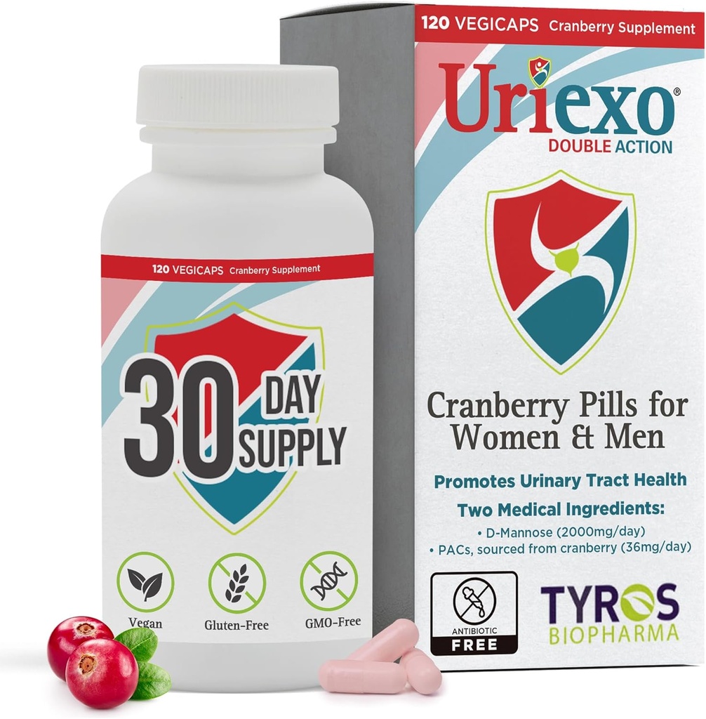 Uriexo Double Action Kapsler, Cranberry Pill til kvinder og mænd supplement, Urinary Tract Rengøring og Beskyt Supports Wellness & Confidence - 30 dages forsyning