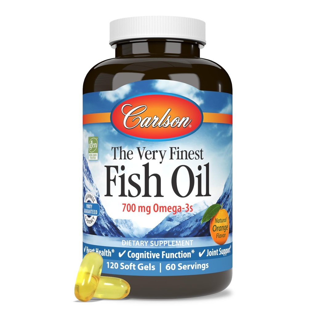 Carlson - Den meget fineste fiskeolie, 700 mg Omega- 3 s, Norwegian Fish Oil Supplement, Wild Canght Omega 3 Fish Oil, Sustainable Sourced Fish Oil Capsules, Omega 3 Supplement, Orange, 120 Softels
