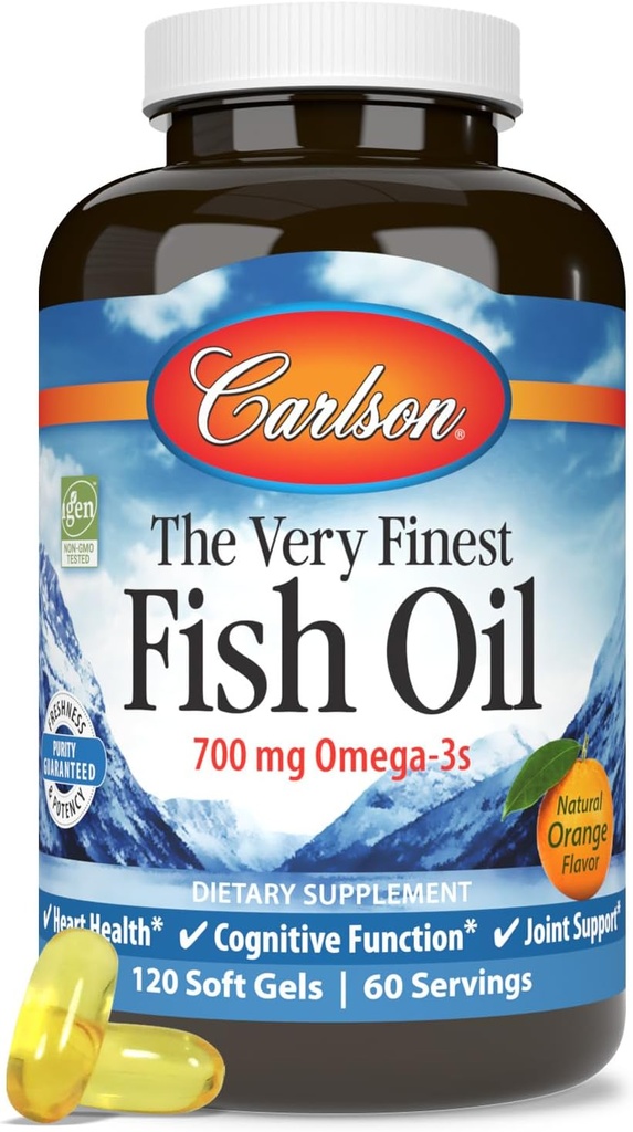 Carlson - Den meget fineste fiskeolie, 700 mg Omega- 3 s, Norwegian Fish Oil Supplement, Wild Canght Omega 3 Fish Oil, Sustainable Sourced Fish Oil Capsules, Omega 3 Supplement, Orange, 120 Softels