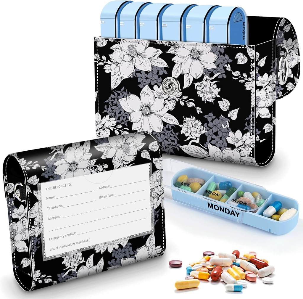 Pill Organizer sag, Ugentlig rejse Pill sag Medicin Reminder Daily AM PM, Day Night 7 kompartmenter, for 4 gange en dag, 7 dage en weekend-Inkluderer Elegant Trykt læder carriing sag