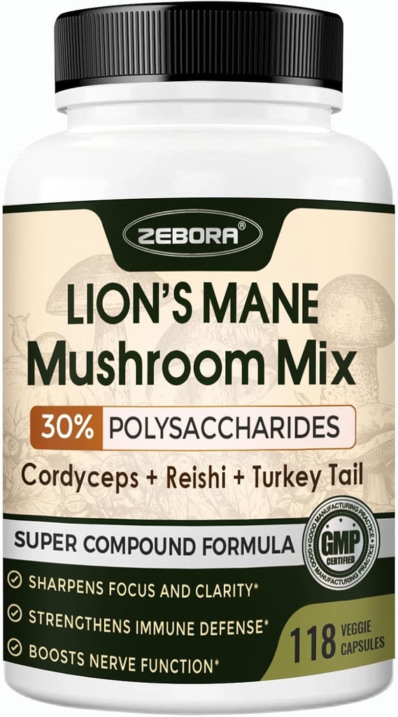 Lions Mane supplement kapsler - Mushroom supplement med Lions Mane, Cordyceps, Reishi, Tyrkiet Tail, Shiitake - Lions Mane supplement til hukommelse, fokus og immunforsvar - 118 Veganske svampe kapsler