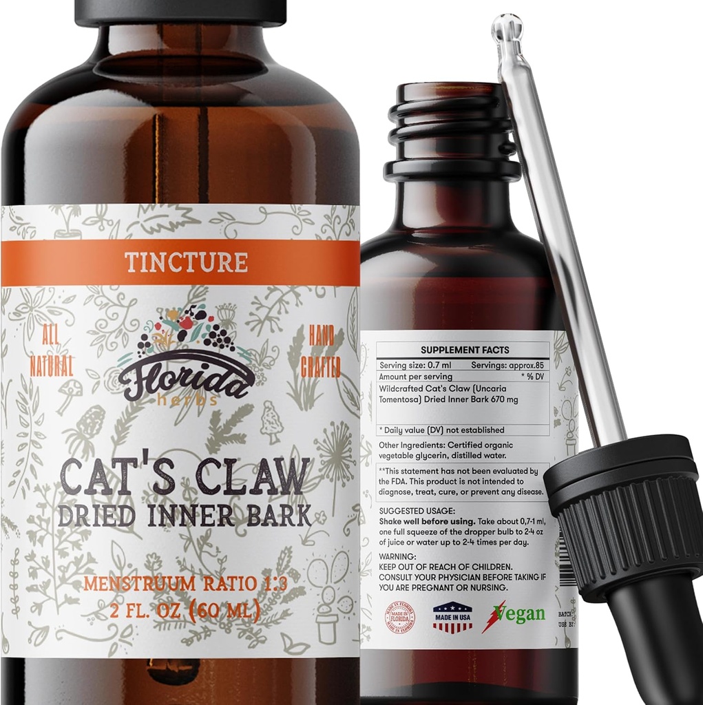 Katte Claw Tincture, Cat 's Claw Extract Alkohol Free Herbal Supplement Drops, Flydende naturlige fordøjelsessygdomme, Fælles Sundhed, Vegan - Made in USA - 2 Fl Oz
