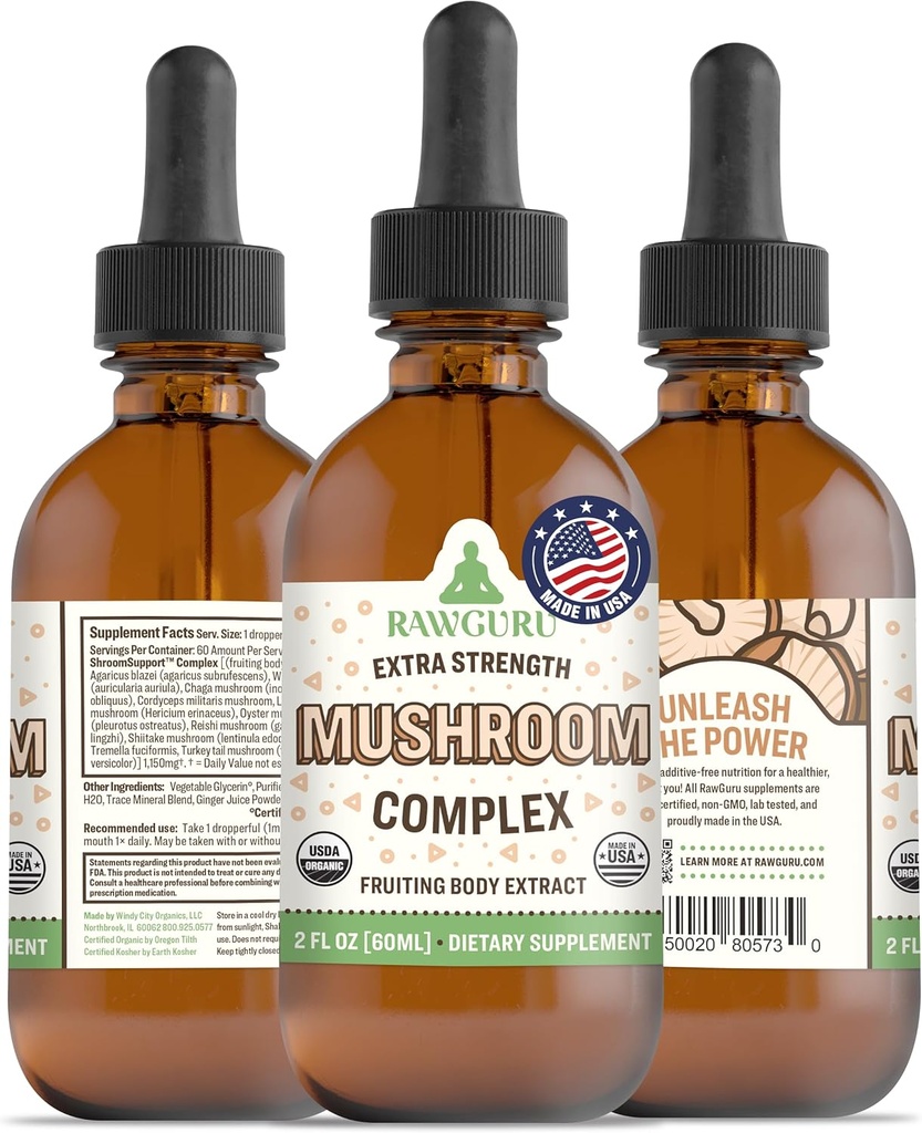 RawGuru Organic Mushroom Complex Tincture - Organic Mushroom Extract with Trace Minerals - Nano- Forarbejdede Kognitiv & Immun Support - 60 Serveringer af Vegan Drops pr 60 ml, Pack of 1
