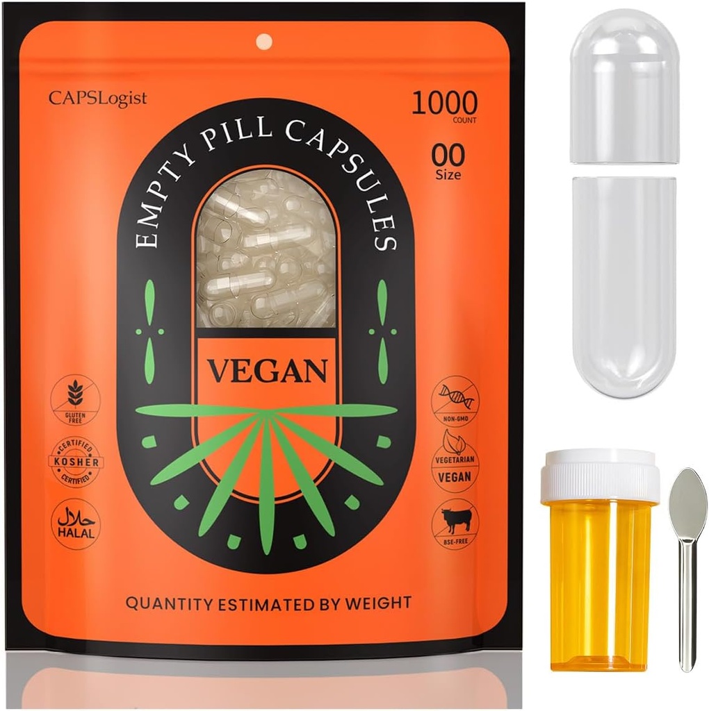 00 Kapsler 1000 Tomme Kapsler, Veganske Kapsler Tom, Gel Kapsler Størrelse 00 med skeer og Medicine Flaske til Kapsel Fyldning, Vegetabilske Kapsler Tom, Klar