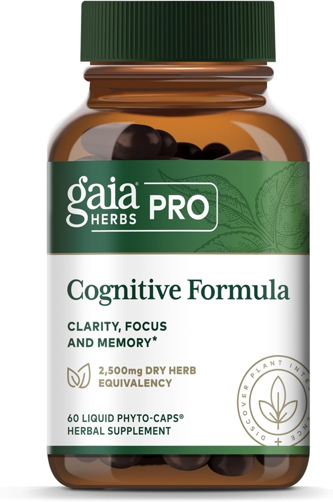 GAIA HERBS PRO Cognitive Formel - Hjerne Sundhed & Blod Support * - Cirkulation Support * med Fo-TI Root, Ginkgo Leaf, & Gotu Kola Leaf - 60 flydende Phyto- Caps (30 Servere)